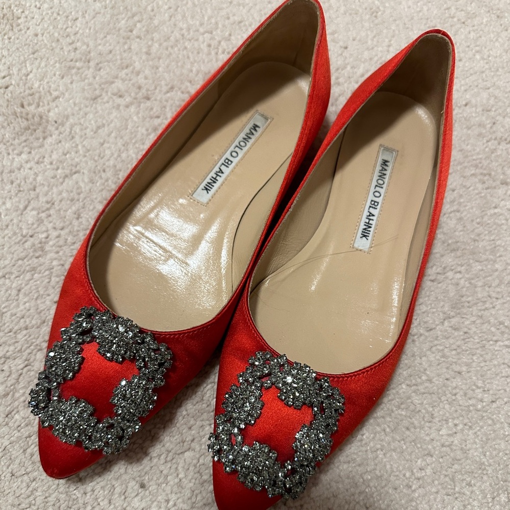 Manolo Blahnik Red Satin Jewel Buckle Flats